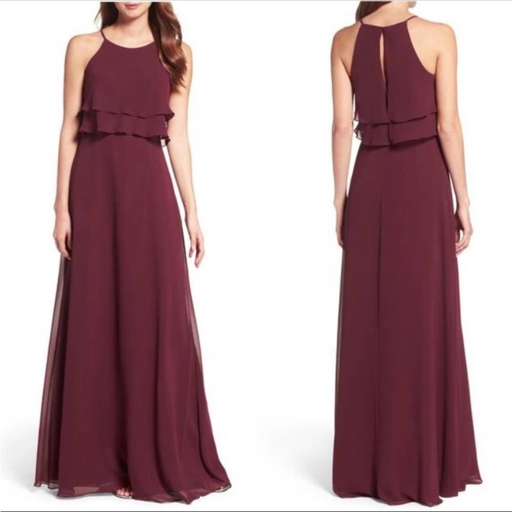 Jenny Yoo Charlie Ruffle Chiffon Gown Burgundy